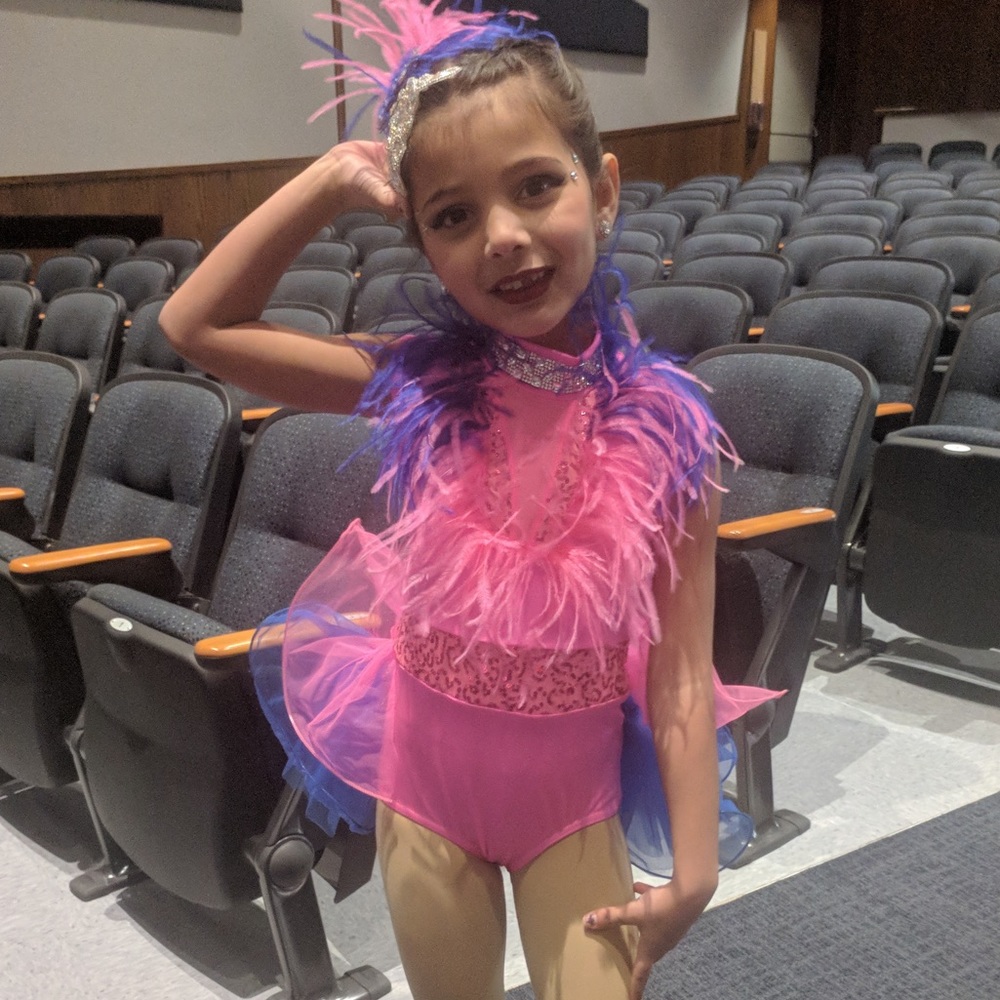 Weissman pink and blue dance costume with rhinestones, sequins and feathers SC.